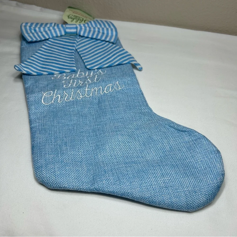 Holiday Living Babys First Christmas Embroidery Burlap Light‎ Blue Stocking